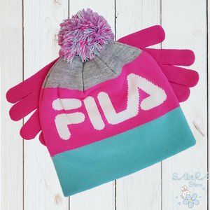 SET FILA GIRLS PINK BEANIE POM POM HAT & GLOVES